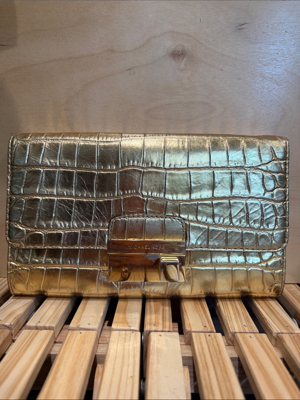 Michael Kors Gold Metallic Croc Embossed Clutch Evening Bag